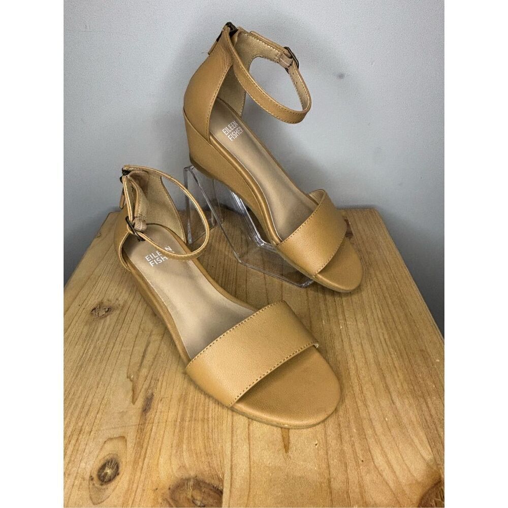 Eileen‎ Fisher Women’s Mara Tumbled Leather Wedge Heel Strappy Sandal Tan Sz 5